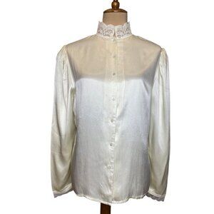 Vintage Gunne Sax Victorian Ivory Lace Back Button-Up Blouse With High Collar 11